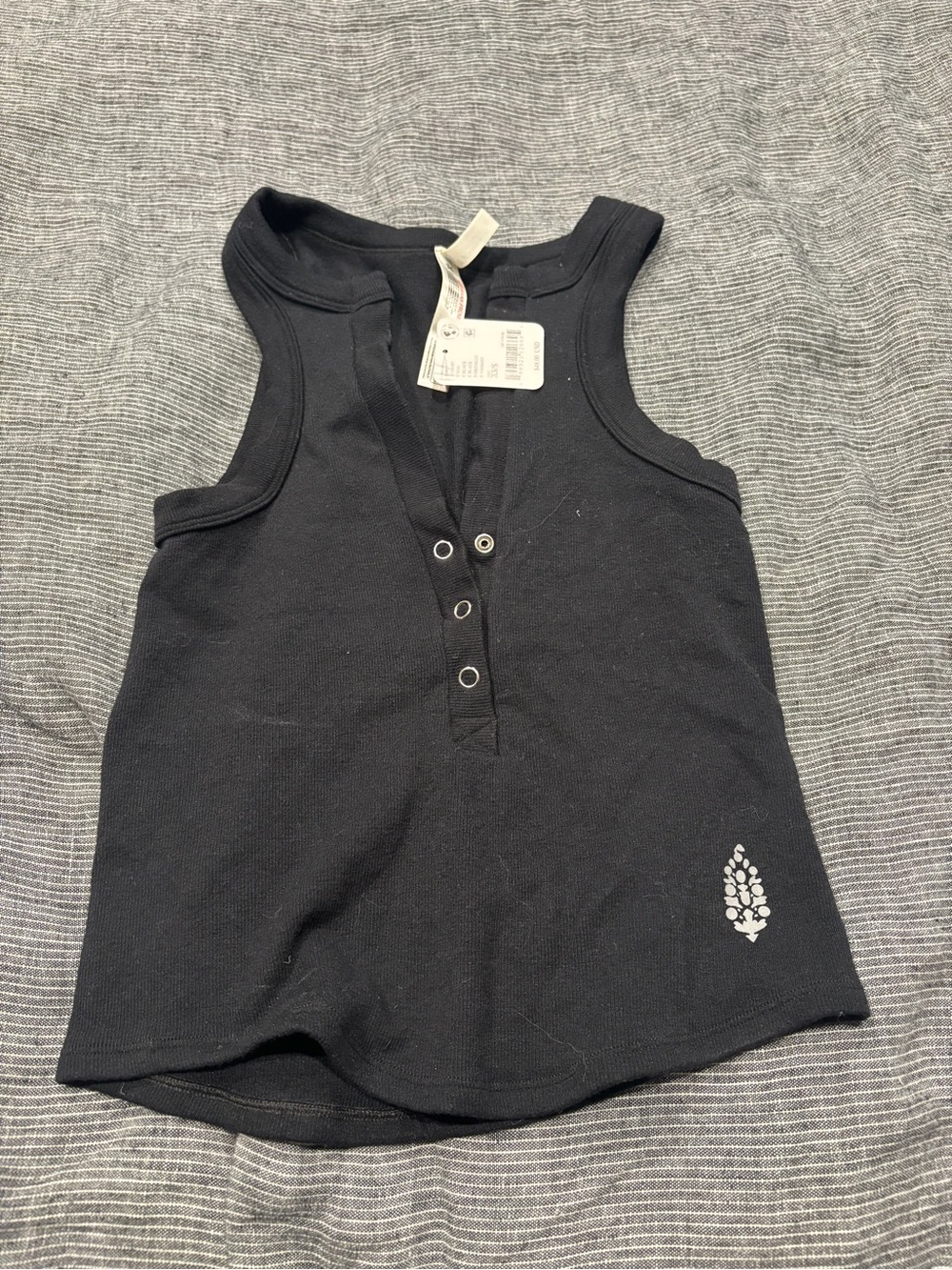 Free People Black Ribbed Henley Tank with Silver Leaf Accent